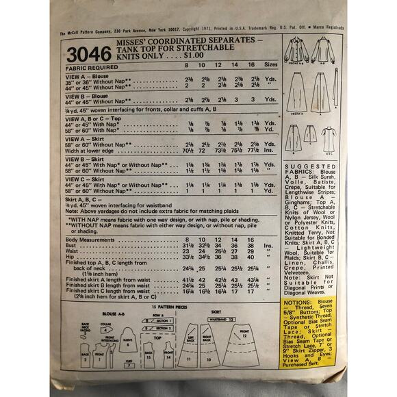 VINTAGE, RETRO, MCCALL'S,1971,#3046,COORDINATED SEPARATES,SIZE 14,BUST 36 MISSES - Picture 2 of 2